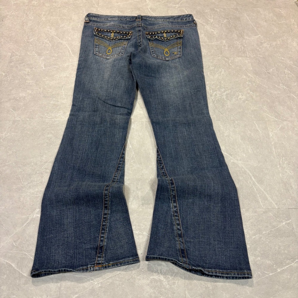 Revolution by Revolt Womens Studded Distressed Flare Leg Y2K Jeans 13/14